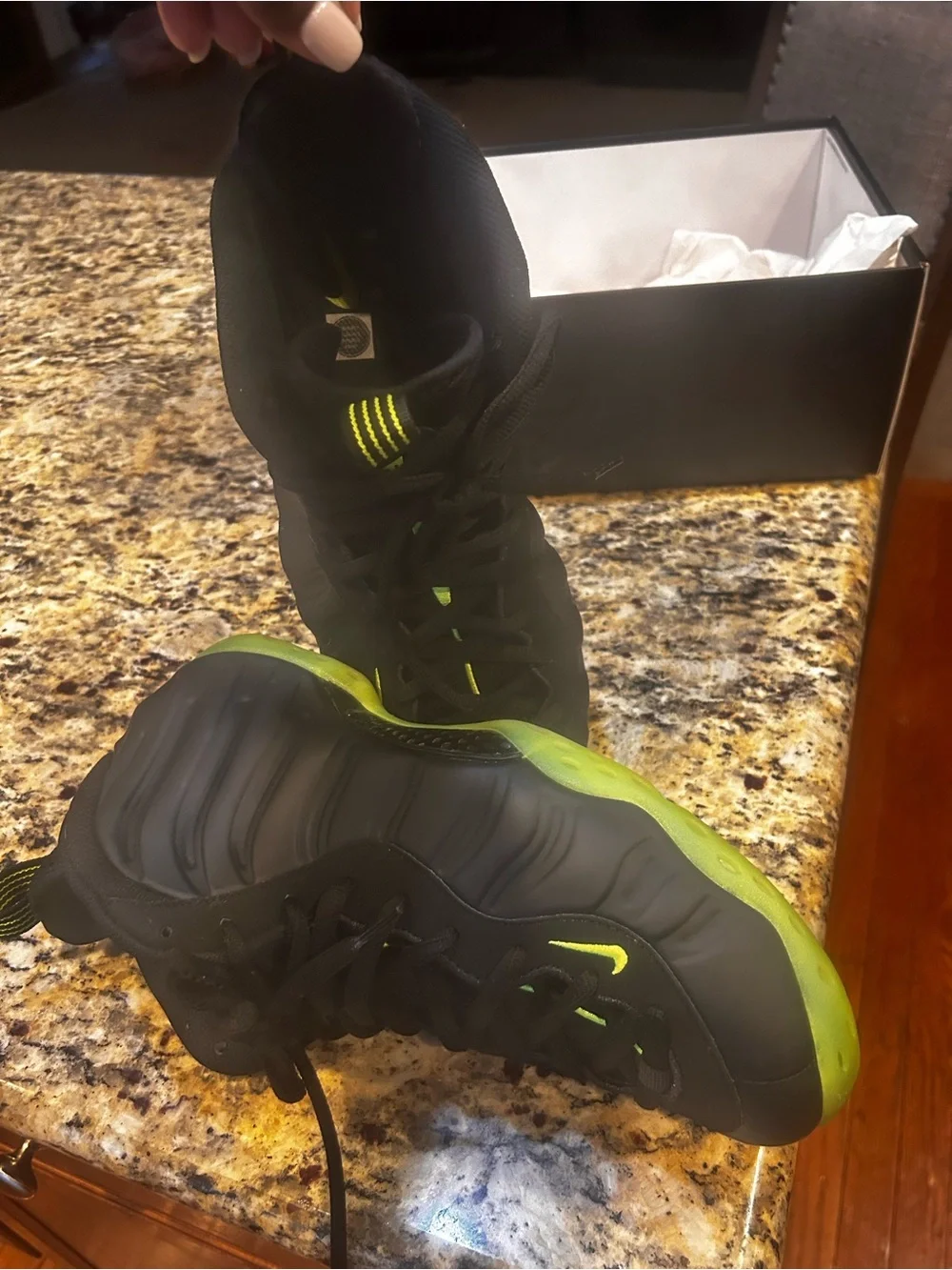 AIR FOAMPOSITE ONE Nike Men’s  Black with Neon Green Accent Athletic Sneakers